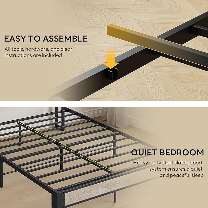 LIKIMIO Full Bed Frames, Bouclé Storage Headboard with Charging Station, Solid and Stable, Noise Free, No Box Spring Needed, Easy Assembly