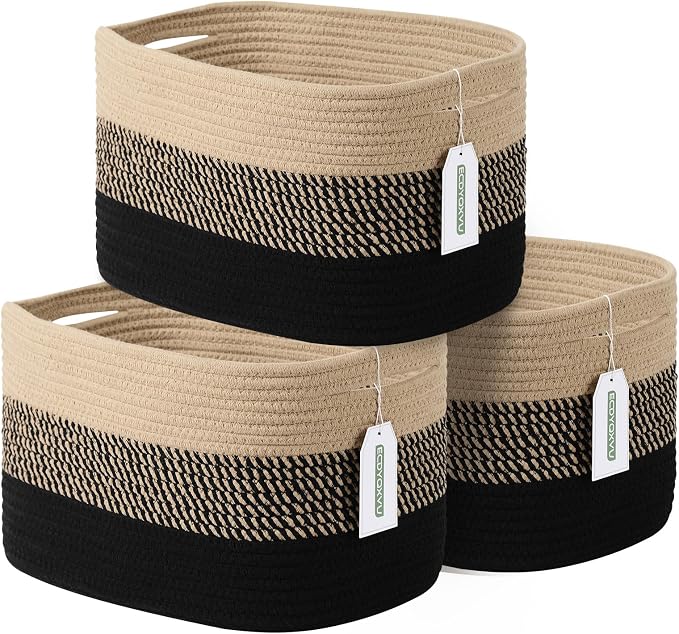 ECDYQXVU Cotton Rope Storage Basket, 15x10x9 Inches, Woven Basket for Shelves, Clothes, Towels, Books, and Laundry, Gradient Black/Brown (3 Pack) by ECDYQXVU