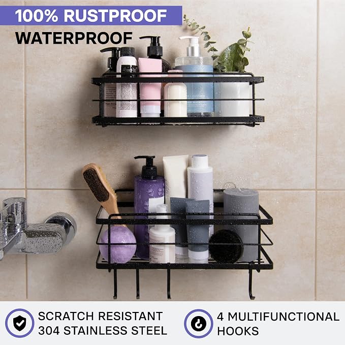 KINCMAX Premium Shower Caddy, 2-Pack Adhesive Shower Organizer, No Drill Bathroom Shelves, Rustproof Stainless Steel Shower Shelves for Inside, Shampoo Holder, Storage Rack, Matte Black - Image 2