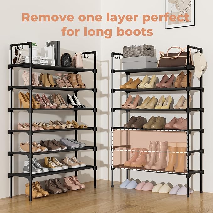 LANTEFUL 6 Tier Shoe Rack for Closet Shoe Organizer with 5 Hooks, Long Shoe Shelf Storage for Shoe and Boot Stackable Free Standing Shoe Rack for Entryway, Garage, Small Spaces, Dorm, Black - Image 5