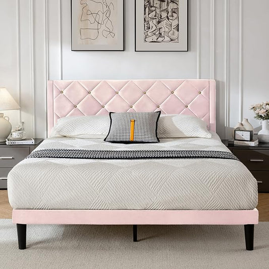 Full Bed Frame with Headboard, Bed Frame Full Size with Sturdy Wooden Slats Support, Platform Frame with Velvet Upholstered Headboard, Mattress Foundation, Easy Assembly, No Box Spring Needed Pink