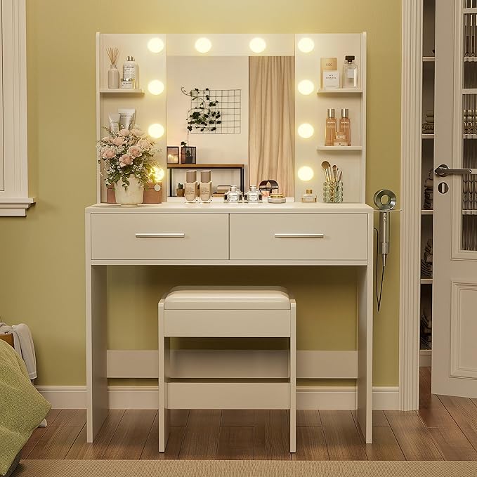 YESHOMY Vanity Desk with Mirror, Makeup Table with 2 Large Drawers, Power Outlet and Round Holder, 3 Color Modes Adjustable Bulb, Bench Included, Easy Assembly, Gloss White
