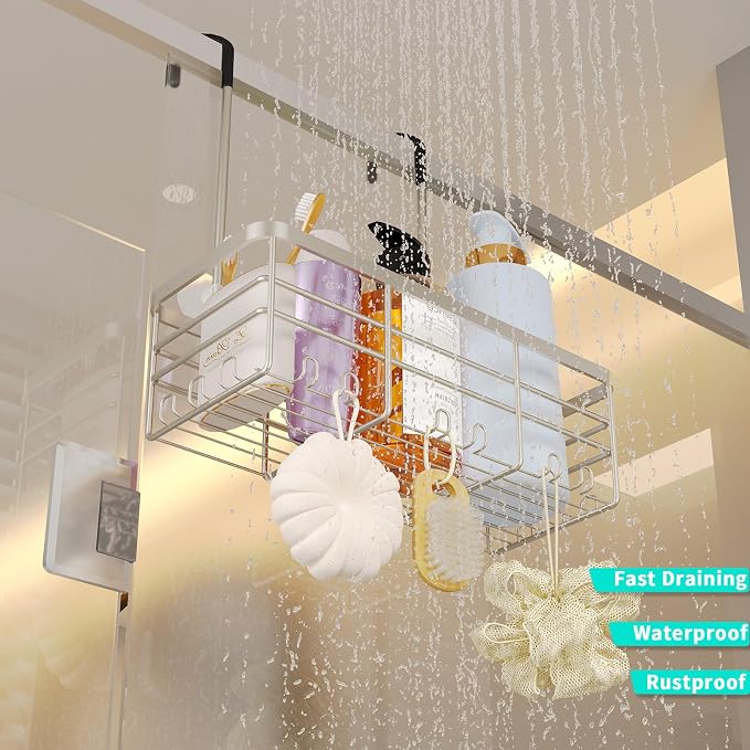 HapiRm Hanging Shower Caddy Organizer - No Drilling Shower Organizer with Hooks, Rustproof & Waterproof 304 Stainless Steel Bathroom Shelves - Brushed Nickel (1 Basket) - Image 6