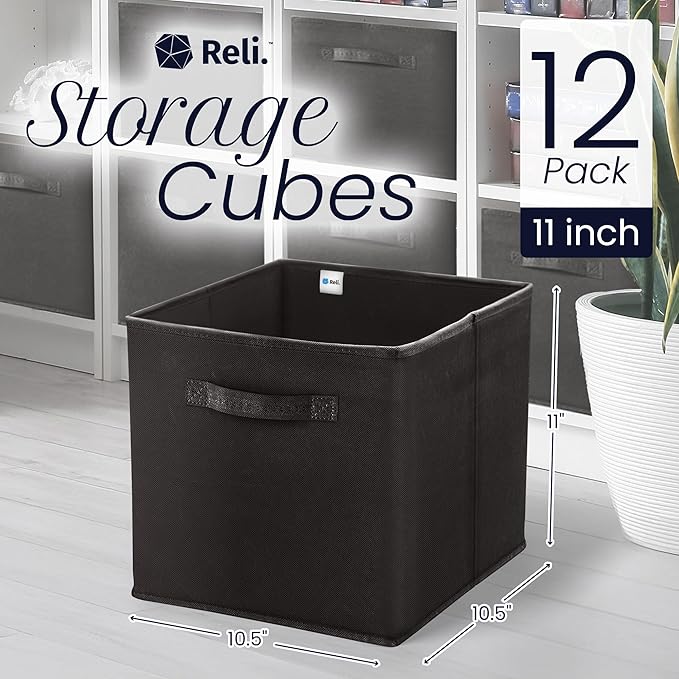 Reli. 11 Inch Cube Storage Bins (12 Pack) | Cube Organizer Bins | 11x11 Fabric Storage Boxes | Collapsible, Foldable Fabric Cubby Box (Square) | Bedroom, Office, Home Organization - Image 2