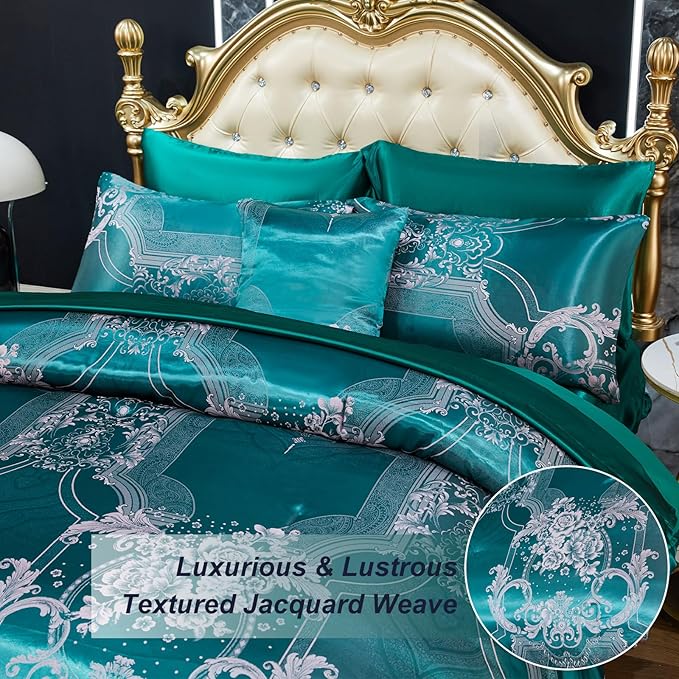 Bedding_Dreamer Jacquard King Comforter Set Green Sheet Set Satin Bedding Set 8 Pcs Vintage Neoclassical Floral Bed Home Decor Soft Comforter Luxury Hotel Silky Bed in a Bag with 1 Cushion Cover