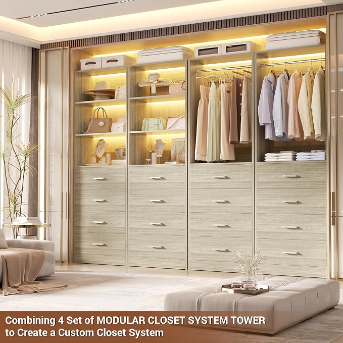Aheaplus Wood Closet Organizer System with 4 Drawers, Modular Walk-in Closet Storage Unit, Small Closets Wardrobe Rack, Tall Storage Cabinet Unit, White Oak - Image 2