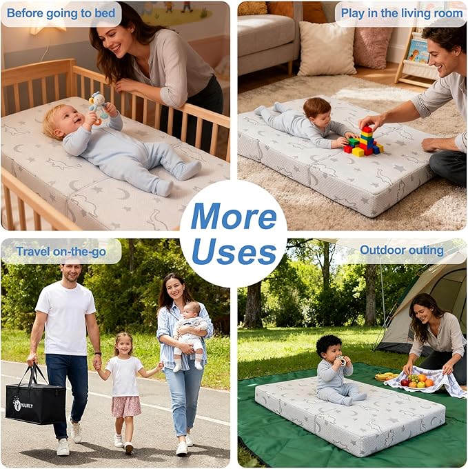 YJLMLY 5" Tri-Fold Foam Pack and Play Mattress Topper,39"x26"- Memory Comfort High Density Plush - Breathable Removable Washable Cover - Portable Travel Pad with Carry Bag for Indoor & Outdoor Use