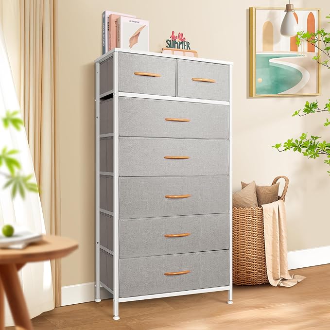 Mifuro Tall Dresser for Bedroom, Vertical Storage Organizer Tower with 7 Drawers, Chest of Drawers with Fabric Bins, Steel Frame, Wood Top for Bedroom, Closet, Entryway- Light Grey - Image 2