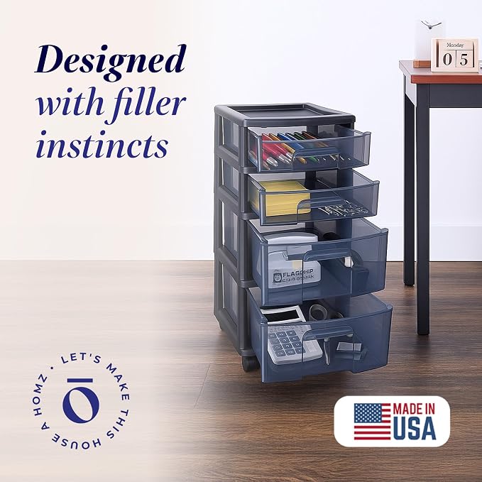 HOMZ Drawer Tower, 4-Tier Clear Plastic Storage Organizer Cart, Black Frame - Rolling Drawer Containers with Wheels for Bathroom, Bedroom, Office, and Classroom Organization - Image 4