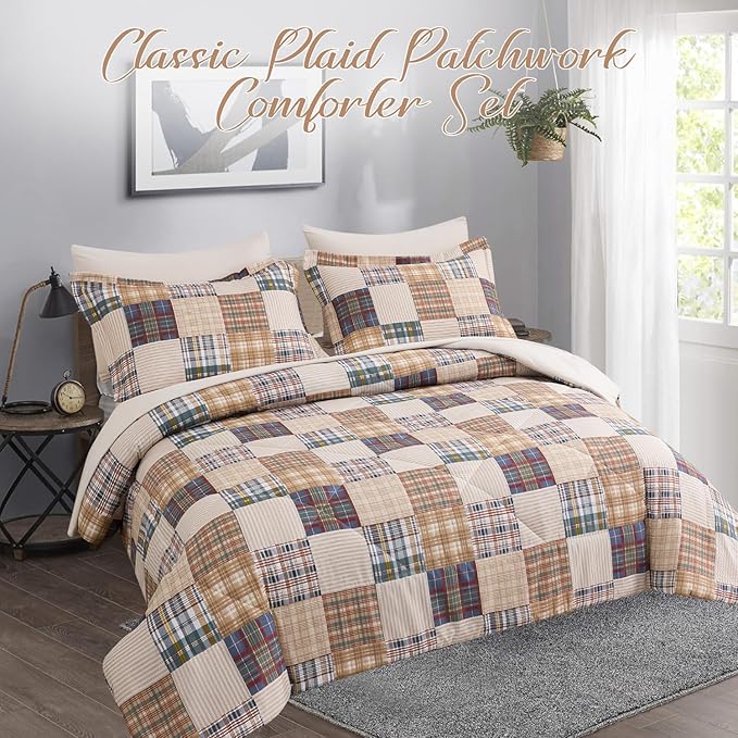 Comforter Set King Size Plaid Patchwork Comforter Bedding-7 Piece Bed in a Bag,Soft Fluffy Reversible Microfiber Bedding Set(1 Comforter,1 Flat Sheet,1 Fitted Sheet,2 Pillowcases,2 Pillow Shams)Beige