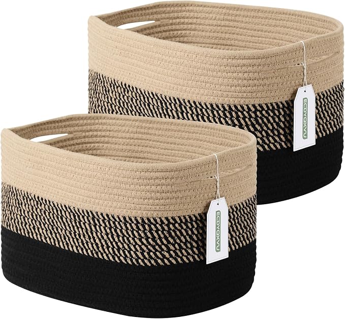 ECDYQXVU Cotton Rope Storage Basket, 15x10x9 Inches, Woven Basket for Shelves, Clothes, Towels, Books, and Laundry, Gradient Black/Brown (2 Pack) by ECDYQXVU