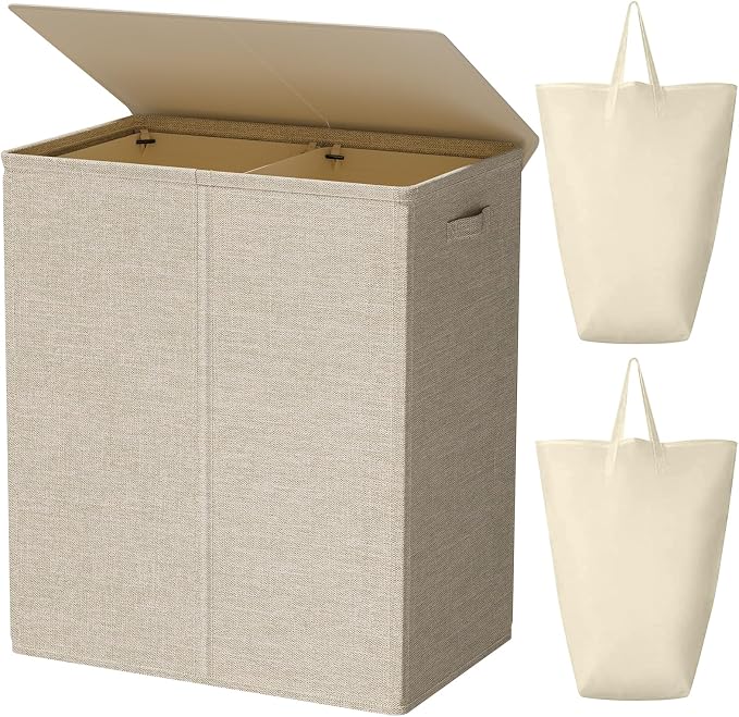 WOWLIVE 154L Double Laundry Hamper with Lid and Removable Laundry Bags, Large Dirty Clothes Hamper 2 section Collapsible Laundry Basket Dorm Room Storage for Bedroom, Bathroom, College,Wheat by WOWLIVE