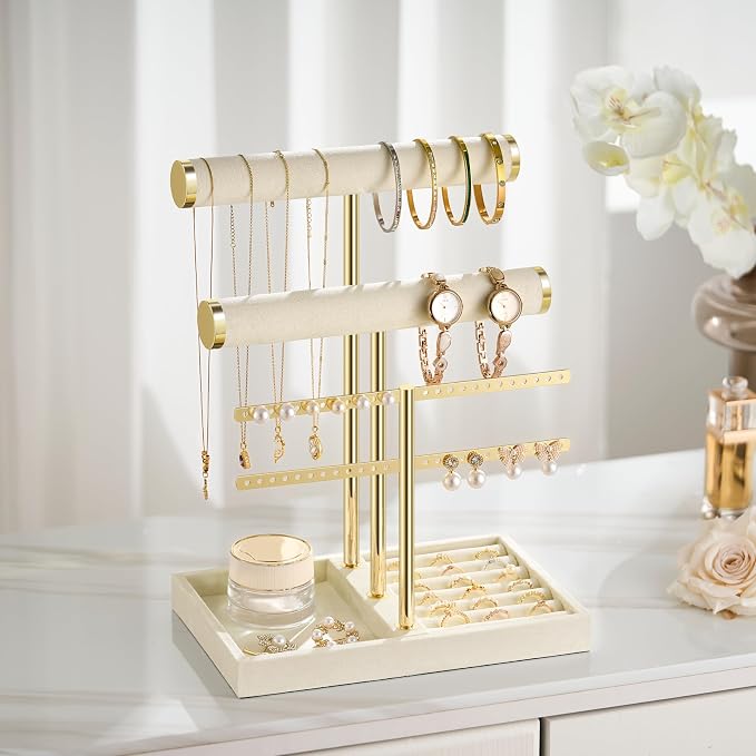 bussdis 3 Tier Bracelet Holder Display - Detachable T Bar Beige Velvet Bracelet Holder, Jewelry Holder Organizer for Bracelet, Necklace, Earrings, Rings - Image 5