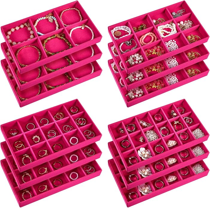 Junkin 12 Pcs Jewelry Tray Velvet Stackable Jewelry Organizer Trays Divided Earring Accessories Storage Containers Box (Rose Red) by Junkin