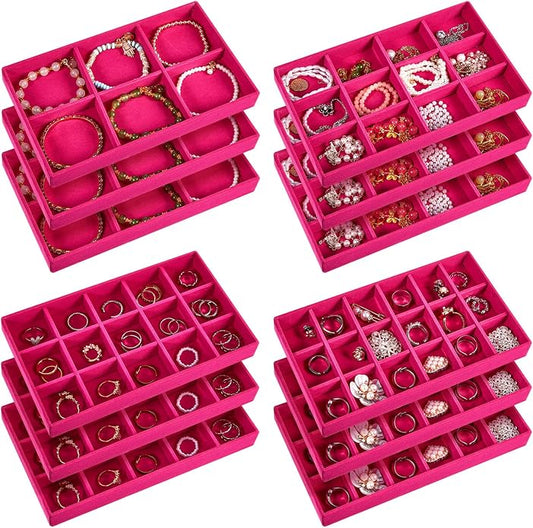Junkin 12 Pcs Jewelry Tray Velvet Stackable Jewelry Organizer Trays Divided Earring Accessories Storage Containers Box (Rose Red) by Junkin