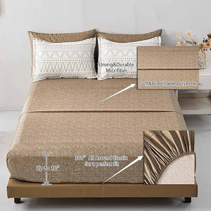 WONGS BEDDING 7 Pieces Khaki Comforter Set Boho Bed in a Bag King Size,Geometric Striped Comforter Reversible Soft Microfiber Bedding Set with Pillowcases,Flat Sheet,Fitted Sheet,Pillow Shams