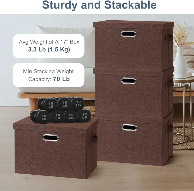 Graciadeco Large 17" 36 Quart Collapsible Stackable Storage Bins with Lids, 3 Packs Dark red Foldable Fabric Closet Storage Boxes with Lids, Heavy-duty Linen Cube Baskets(17x12x11) - Image 3