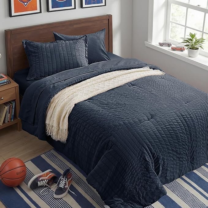 Zzlpp Twin Comforter Set 5 Pieces, Navy Blue Seersucker Bed in a Bag with Comforter and Pillowcase, All Season Bedding Sets with 1 Comforter, 1 Pillow Sham, 1 Flat Sheet, 1 Fitted Sheet