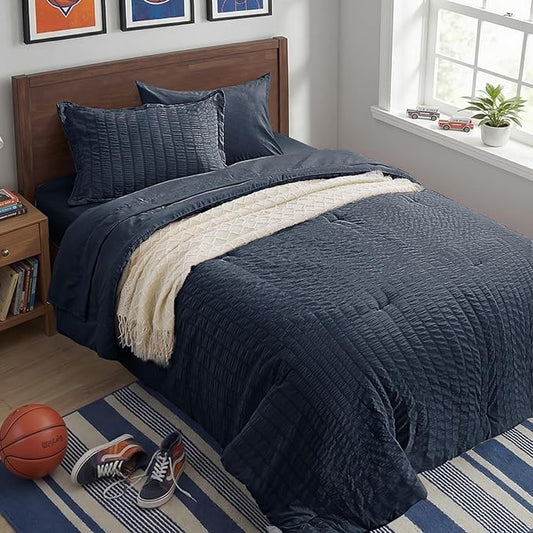 Zzlpp Twin Comforter Set 5 Pieces, Navy Blue Seersucker Bed in a Bag with Comforter and Pillowcase, All Season Bedding Sets with 1 Comforter, 1 Pillow Sham, 1 Flat Sheet, 1 Fitted Sheet
