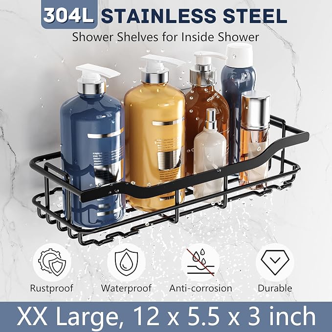 OMAIRA 3-Pack Shower Caddy with Soap Holder, Adhesive Rustproof No-drill Strudy Loading Inside Shower Organizer Shelves Rack Storage Bathroom Organization for Smooth Wall Glass Tile, Black (X-Large) - Image 5
