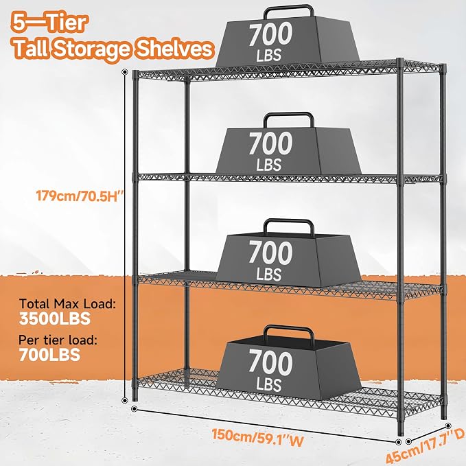 M MZG 2800LBS 59" W 4 Tiers Storage Shelves Load, Metal Shelving Wire Metal Shelving Unit Shelves for Storage Adjustable Garage Shelving for Pantry Kitchen Garage Black 17.7" D x 59.1" W x 70.4" H - Image 3