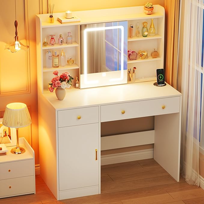 HUAHUU Vanity Desk with Mirror and Lights, 37" Makeup Vanity Desk with LED Lighted Mirror, Power Outlet, White Vanity with Storage Cabinet, 2 Drawers & 6 Shelves for Bedroom