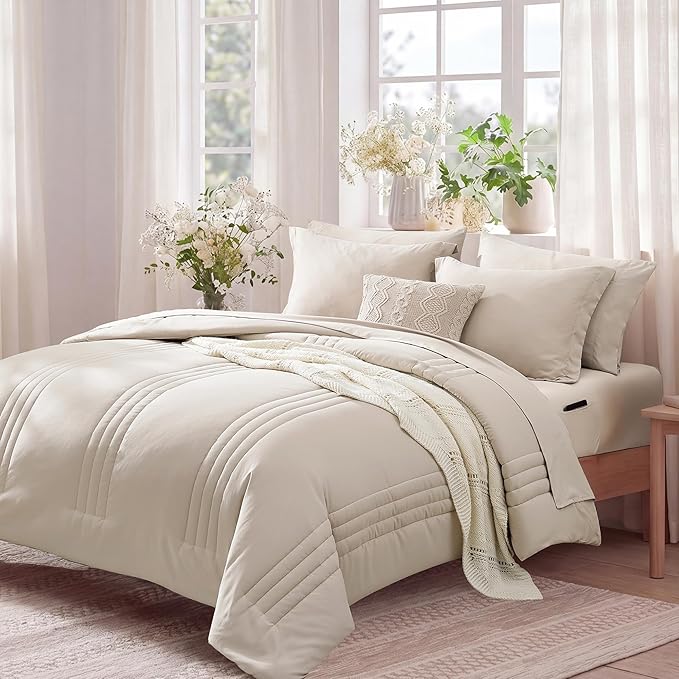 Monbix Twin XL Size Comforter Set - Extra Long 5 Pieces Dorm Bedding Sets, Quilting Design Fluffy Bed in a Bag Twin XL with Sheets, Pillowcase & Sham(Apricot Beige)