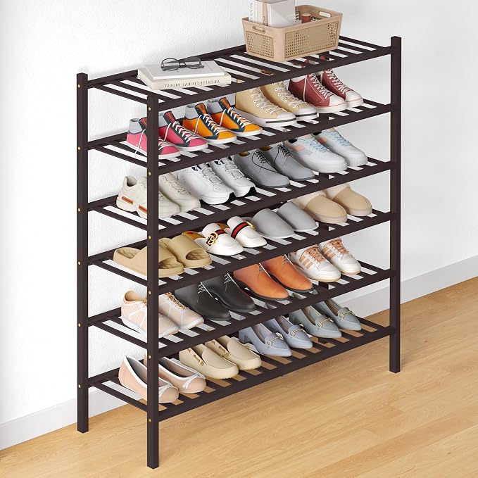 Smiry Bamboo Shoe Rack for Closet, 6 Tier Long Wooden Stackable Shoe Organizer, Free Standing Shoes Storage Shelf for Entryway, Front Door Entrance, Brown by Smiry