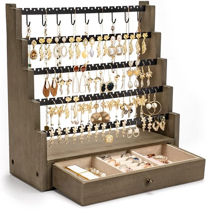 Pinzoveco Earring Organizer, 5 Layer Earring Holder Organizer with Necklace Holder Pole, Rustic Wood Jewelry Organizer Stand Display for Stud Earring Bracelet Necklace Ring, 175 Earring Holes by Pinzoveco