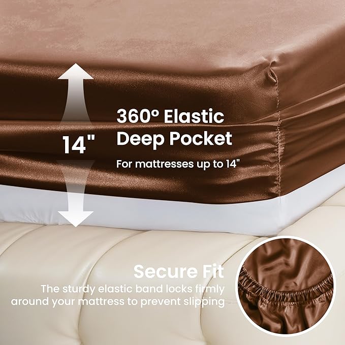 Love's cabin Twin Satin Sheets Sets - 3 Piece Brown Silky Bed Sheets Twin with Deep Pockets, Luxury Silk Feel Satin Sheet Set Bedding Set (1 Flat Sheet,1 Fitted Sheet,1 Pillow case)