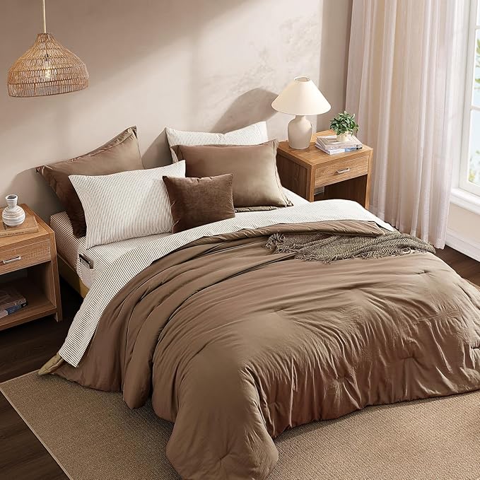 Monbix Full Size Comforter Set - 7 Pieces Brown Prewashed Bed in a Bag Full Bedding Sets with Comforters, All Seasons Ultra Soft Comforter Bed Set with Sheets,Pillowcases & Shams