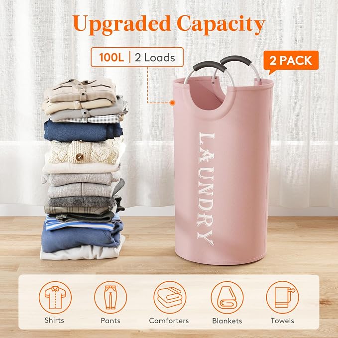 Lifewit 100L 2-Pack Large Laundry Basket, Collapsible Laundry Hamper with Aluminum Handles, Waterproof Freestanding Dirty Clothes Hampers for Laundry Room Bedroom Dorm Bathroom, Pink - Image 4