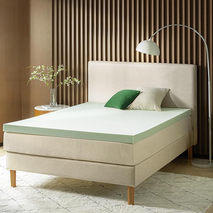 ZINUS 3 Inch Green Tea Memory Foam Mattress Topper, Pressure-Relieving Layer, Ideal for Back Pain Relief, Compact WONDERBOX Packaging, CertiPUR-US Certified, Queen