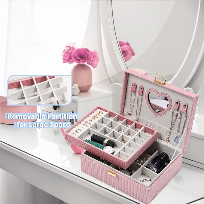 Dajasan Jewelry Boxes for Women Girls, Jewelry Organizer Box, 2-Layer Large Velvet Jewelry Organizer for Rings Necklaces Bracelets Watch Earring（Pink） - Image 4