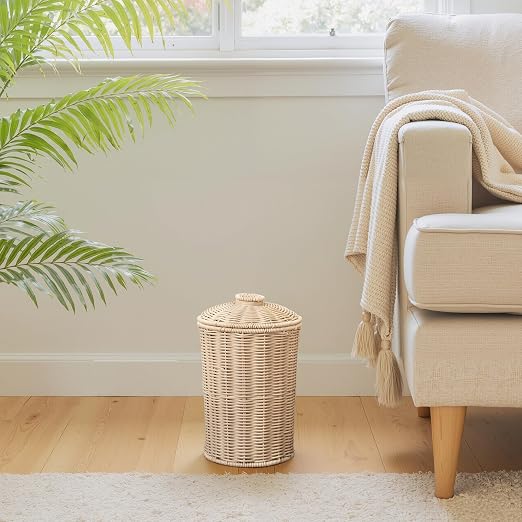 GRANNY SAYS Wicker Small Bathroom Trash Can with Lid, 2 Gallon Cute Decorative Waste Basket for Bedroom and Dorm, Office Garbage Cans for Under Desk, Mini Round Trash Bin for Decor, Off White - Image 6
