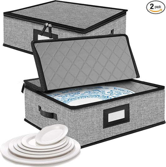 Quilted Platter Storage Case 2PACK-Fine China Storage Containers Hard Shell for Organizing,Stackable Plate Storage Containers with 8 Felt Dividers,dinnerware Storage,Moving Box,Moving Supplies by OURUER