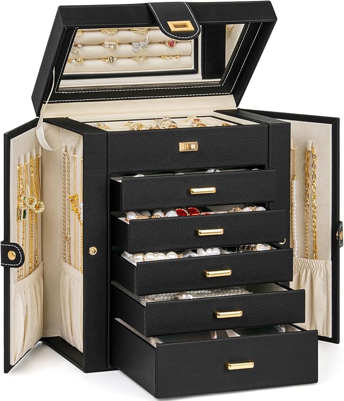 AKOZLIN 6-Tier Jewelry Box Organizer Functional 5 Drawers Leather Jewelry Storage Case for Women Girls Ring Necklace Earring Bracelet Holder Organizer with Mirror Black by AKOZLIN