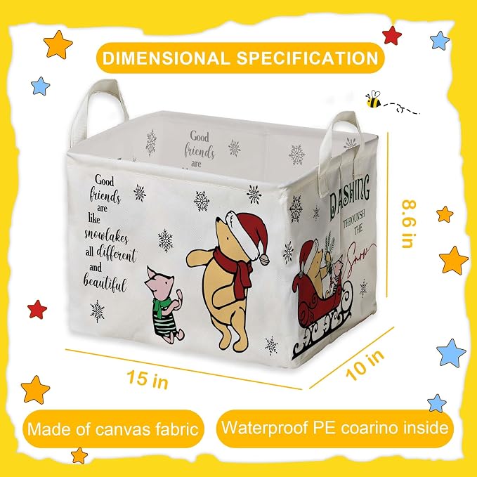 Winnie Theme Christmas Nursery Decor,the Pooh Christmas Gift,Large Canvas Laundry,Hamper Winnie Baby Stuff with A Waterproof PE Coating,Foldable Toys Bin - Image 2