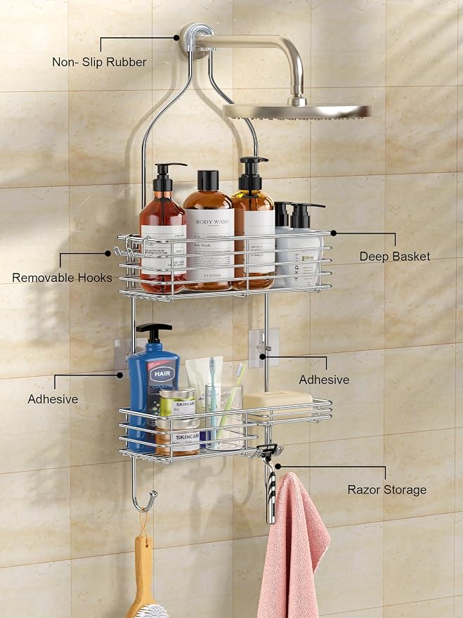 SMARTAKE Hanging Shower Head Caddy, Rustproof Bathroom Shower Shelf Organizer, SUS201 Stainless Steel Over The Storage Rack, for Toilet, Bathroom, Silver - Image 7