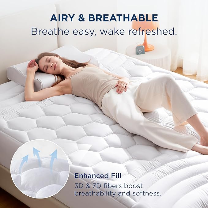 Bedsure RV Short Queen Mattress Pad - Quilted Fitted Mattress Topper Protector with 8-21 Inches Deep Pocket, Noiseless Bed Cover Padded for Camper and Motorhome, Machine Washable, White, 60x75 Inches