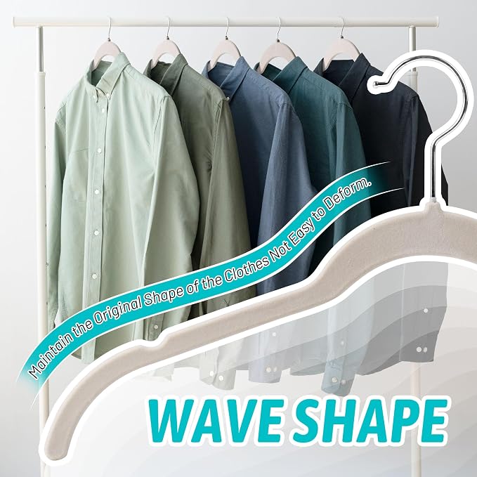 Sishynio Premium Velvet Shirt Hangers 50 Pack, Non-Slip 360° Swivel Hook Slim Flocked Coat Hanger, Space Saving Felt Hanger for for Tank Top, Blouses, Strappy Dresses(Beige) - Image 5