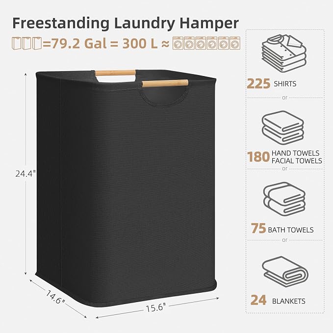 STORAGE MANIAC 3-Pack Large Laundry Hamper, 100L (26.4 Gal) Collapsible Laundry Basket with Bamboo Handles, Freestanding Waterproof Clothes Hamper for Laundry Room, Bedroom, Dorm, Towels, Toys, Black - Image 4