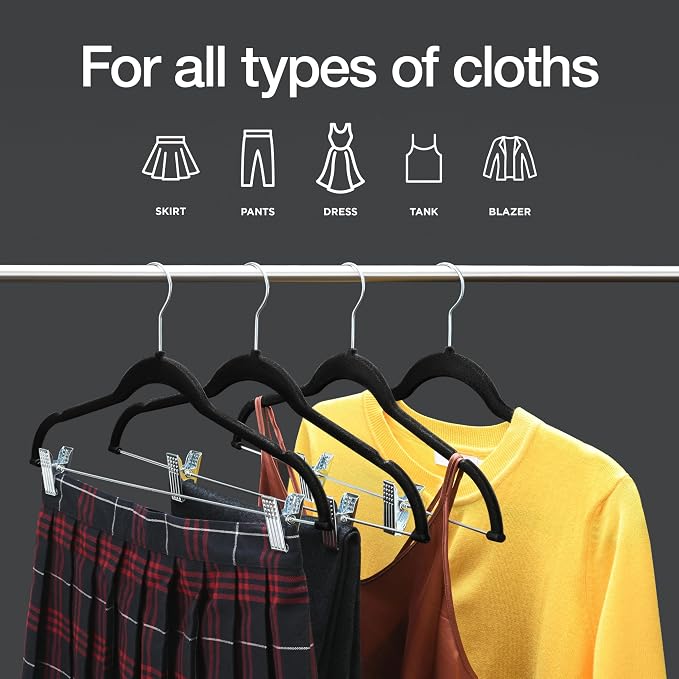 Home-it Pants Hangers With Clips 10 Pack - Black Velvet Non Slip Space-Saving for Pants, Skirts, Coats, Dresses, Tank Tops, Clothes - Felt Ultra Thin - Image 2