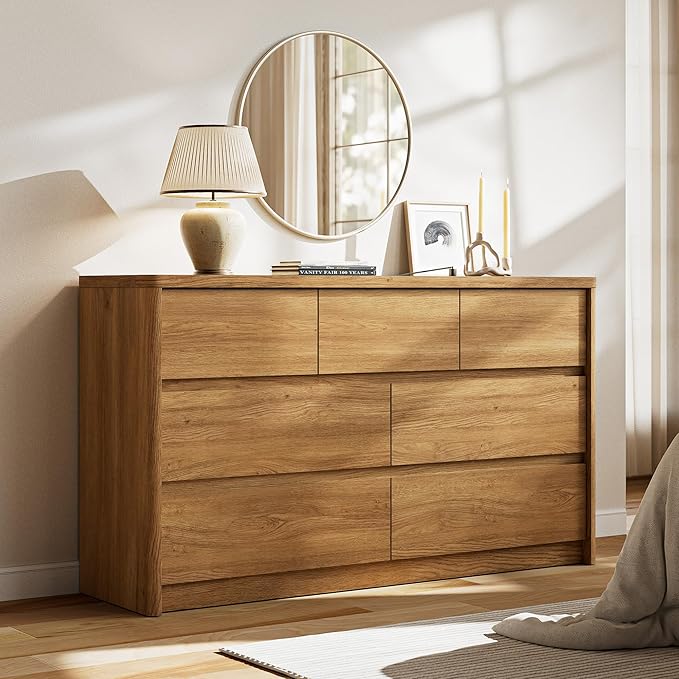 3 Pieces Bedroom Set, 55 Inch Width 7-Drawer Dresser & 2-Drawer Nightstands Set of 2,Nightstand with USB&Type C Charging Station&Outlets,Modern Design for Bedroom, Natural Oak