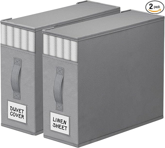 StorageTastic 2 Pack Bed Sheet Closet Organizers and Storage,Sturdy Foldable Storage Containers with Window and Label,Storage and Organization for Bedding Sheets,Duvet Covers,Blankets (Grey) by StorageTastic