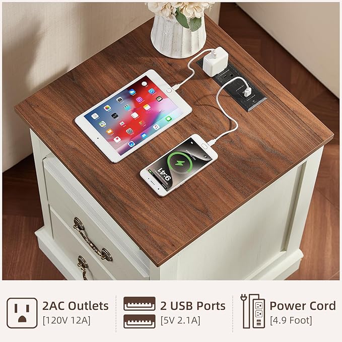 Farmhouse Dressers & Night Stand,54" Wide 7 Drawer Dresser& 18" Wide End Table with Charging Station,Furniture Dresser Sets for Home White