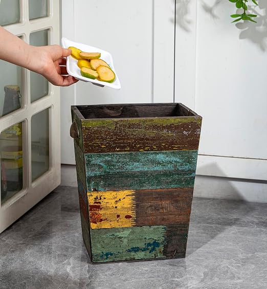TIMRIS Small Wood Trash Can Wastebasket, Farmhouse Rectangular Garbage Can Waste Basket, Rustic Distressed Boho Wooden Trash Recycling Bin with Metal Handles, Reclaimed Wood Storage Basket (Random) - Image 7