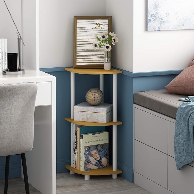 Furinno TURN-N-TUBE Corner Shelf, 3-Tier Corner Bookshelf, Display Storage Shelves with Open Shelves, for Organization and Storage, Living Room, Home Office, Garage, Beech - Image 2