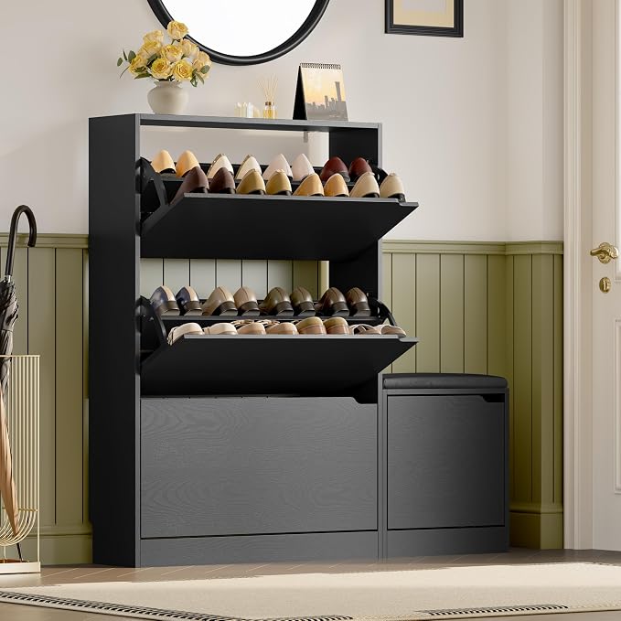 BORNOON Shoe Cabinet with Bench and 3 Flip Drawers, Slim Narrow Shoe Storage Cabinet, Freestanding Shoe Rack Organizer with Adjustable & Removable Shelves, Anti-Tip for Entryway, Hallway, Foyer by BORNOON