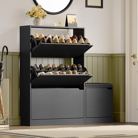 BORNOON Shoe Cabinet with Bench and 3 Flip Drawers, Slim Narrow Shoe Storage Cabinet, Freestanding Shoe Rack Organizer with Adjustable & Removable Shelves, Anti-Tip for Entryway, Hallway, Foyer by BORNOON
